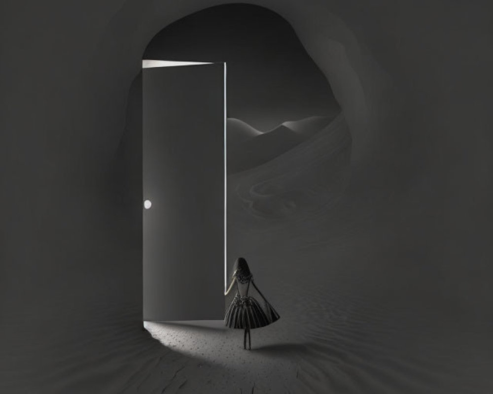 Solitary Figure Before Illuminated Door in Dark Space