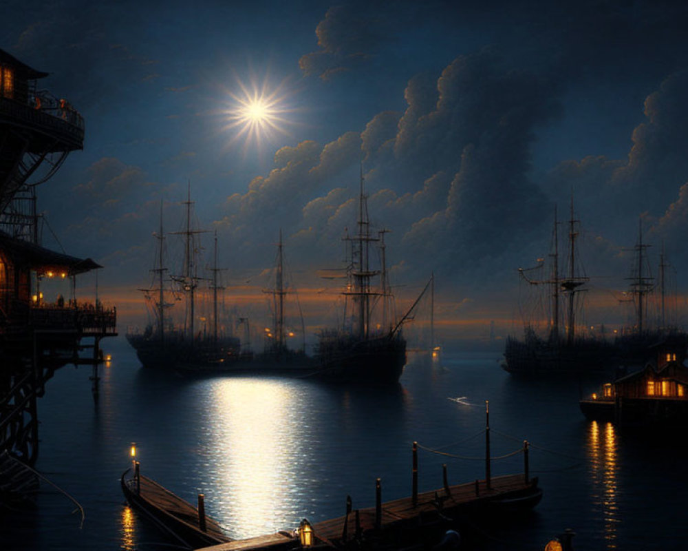 Moonlit harbor scene with sailing ships, calm water, wooden structures, and starry sky.