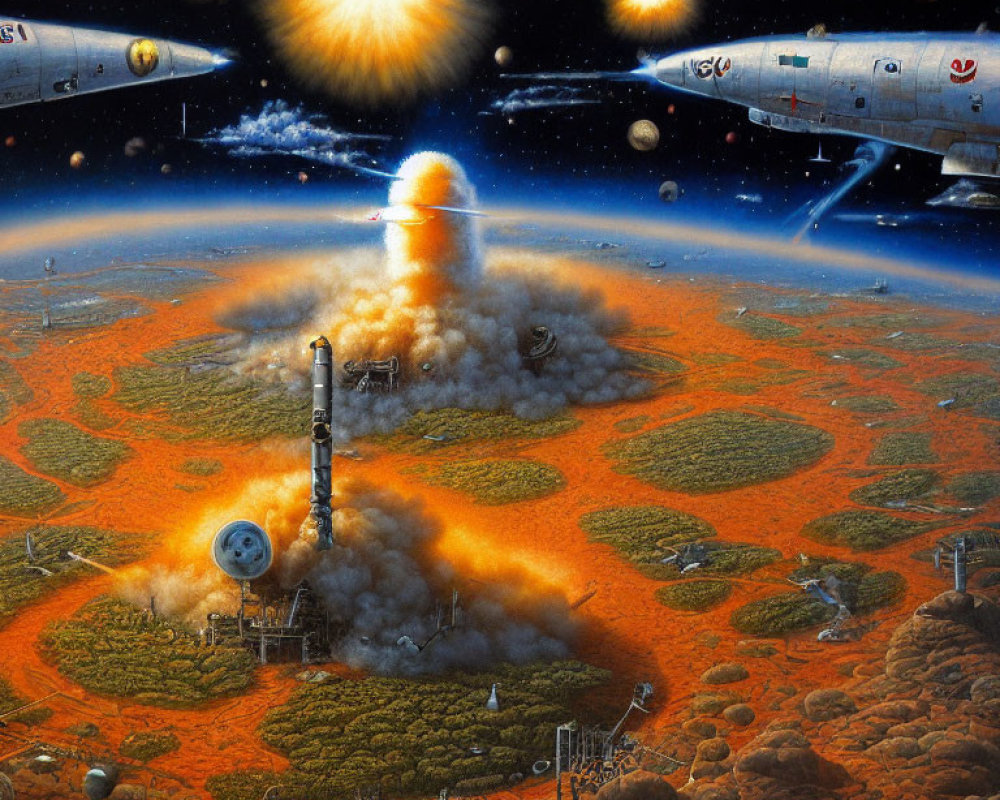 Sci-fi art: Space launchpad on alien planet with rockets and explosions