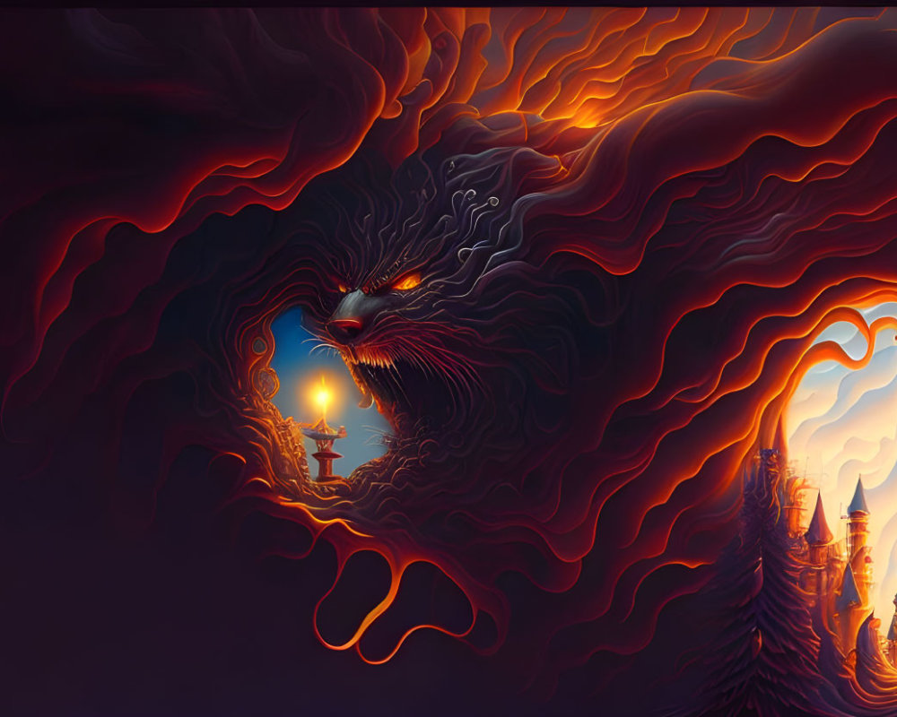 Fantasy artwork of phoenix with lantern, fiery wings, and glowing castles