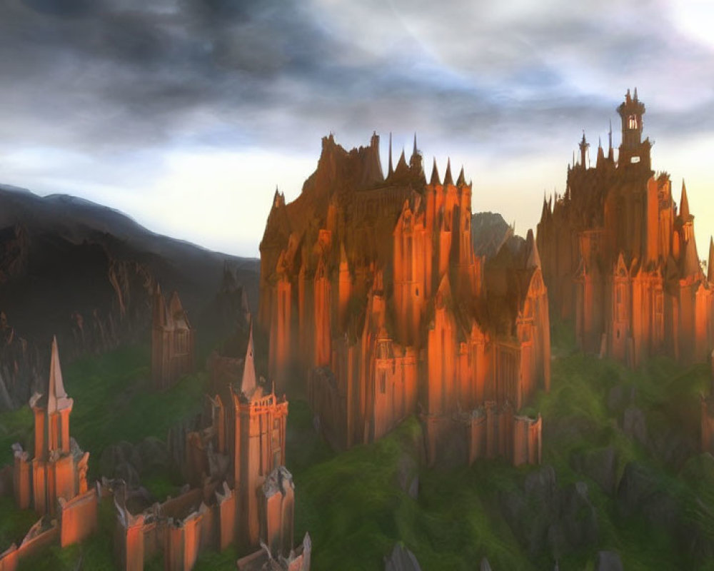 Majestic fantasy castle with spires and towers against mountain backdrop at sunset