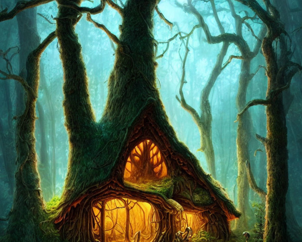 Enchanted forest cottage glowing in blue light