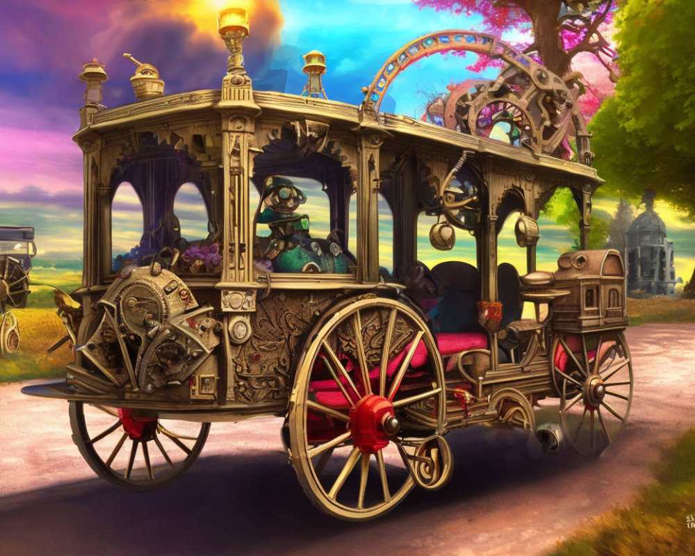 Steampunk-style carriage with ornate gears and pipes on countryside road at sunset