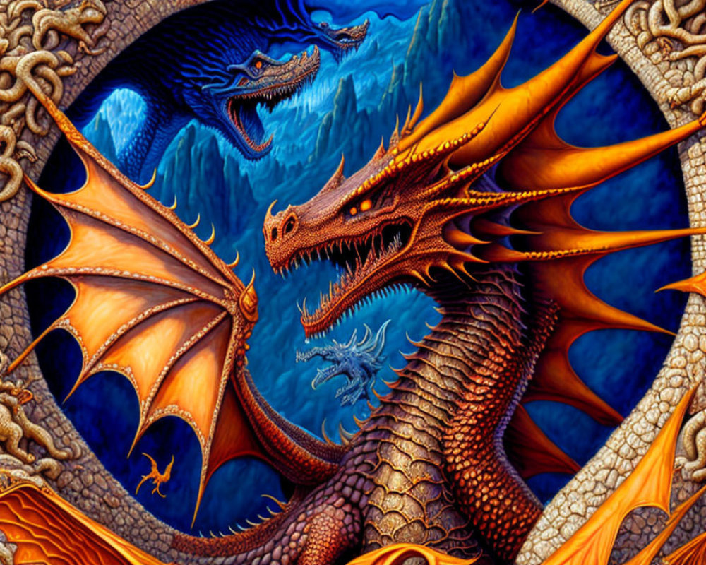 Vivid Illustration of Orange and Blue Dragons in Dramatic Cliff Setting