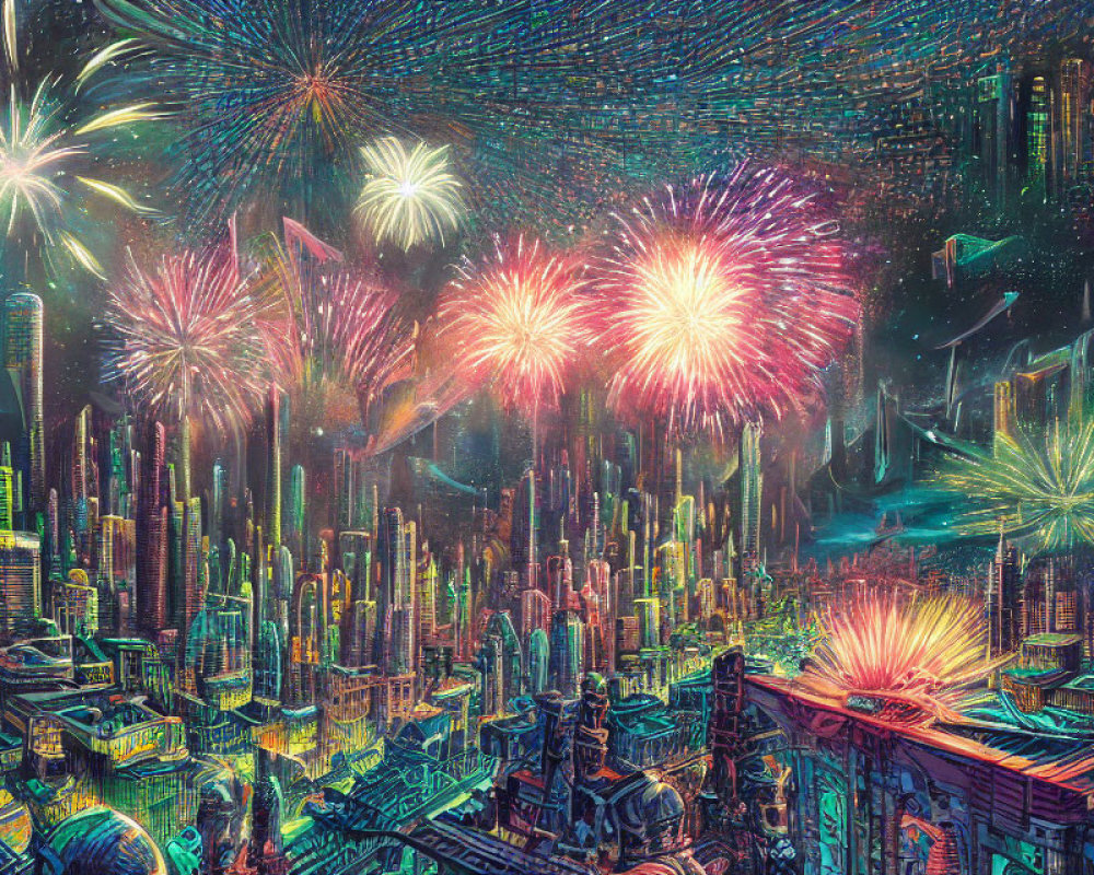 Cityscape at Night with Dazzling Fireworks Display