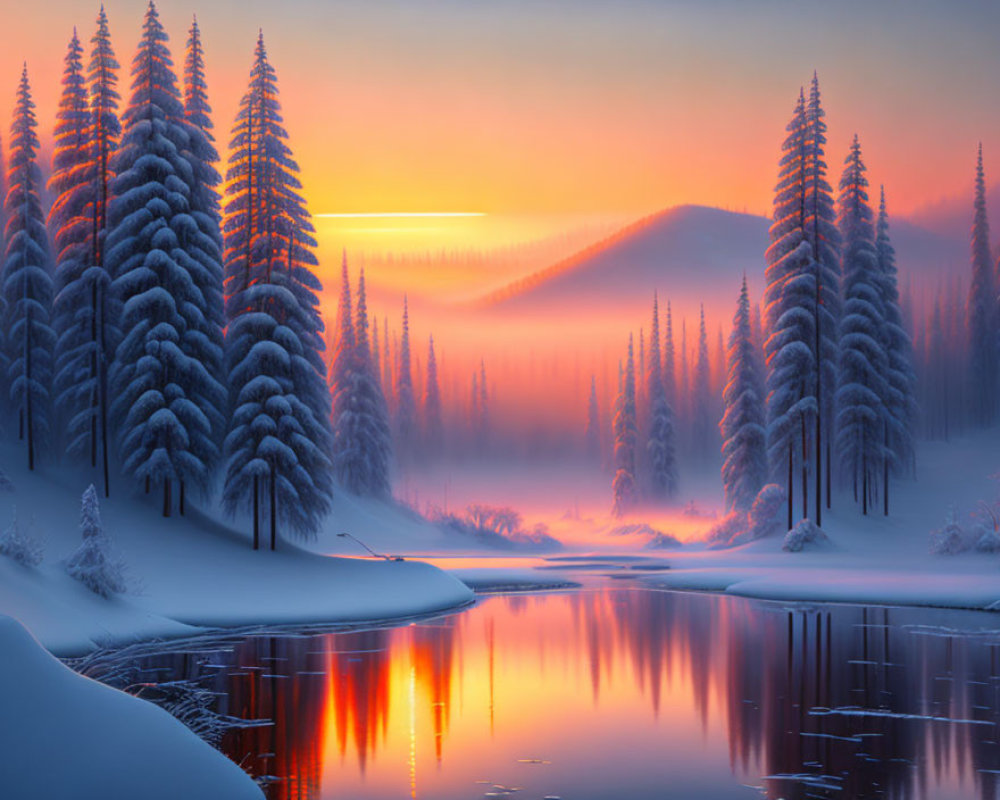 Snow-covered pine trees and sunset reflection on calm river in serene winter landscape