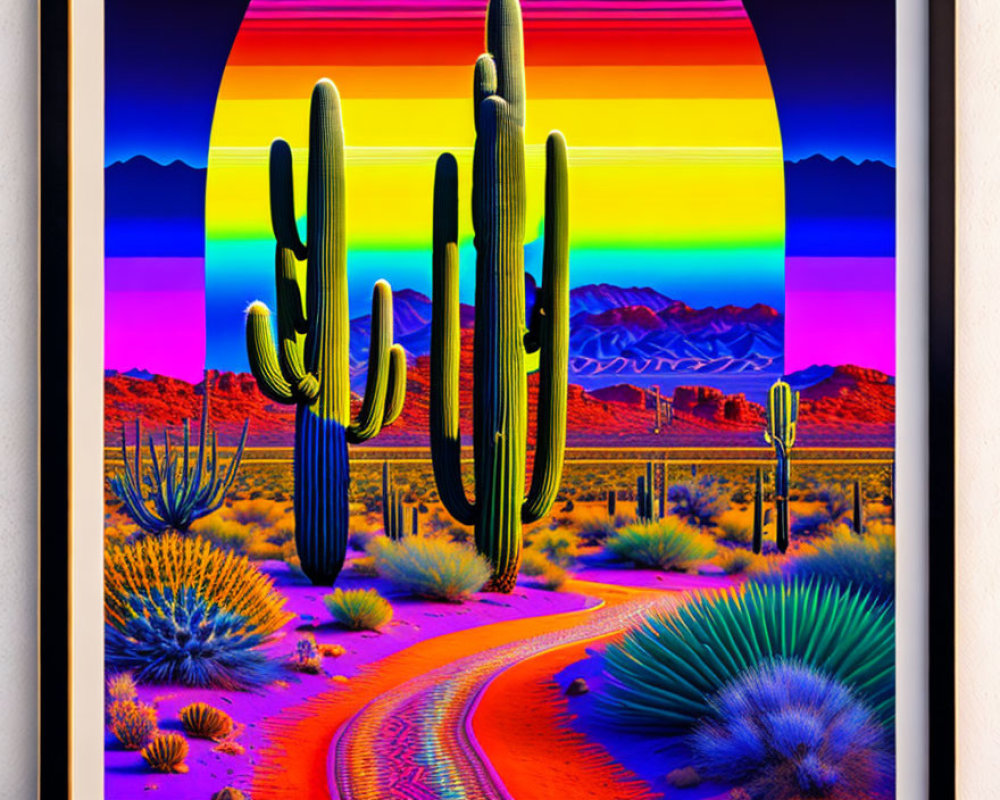 Colorful desert landscape with cacti, rainbow sky, and mountains