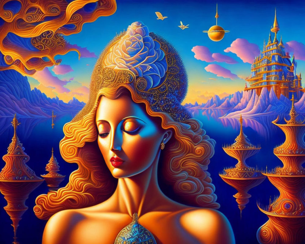 Vibrant digital artwork: Woman with golden skin, elaborate hair, fantastical landscape