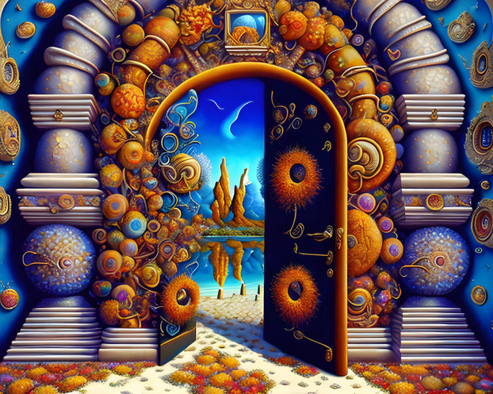 Vibrant surreal doorway with celestial orbs and floating islands