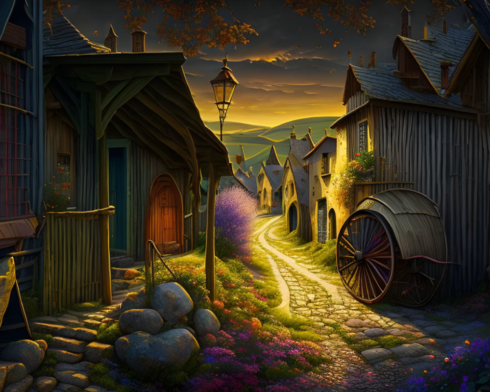 Medieval village scene at twilight with cobblestone paths, cottages, flowers, streetlamp,