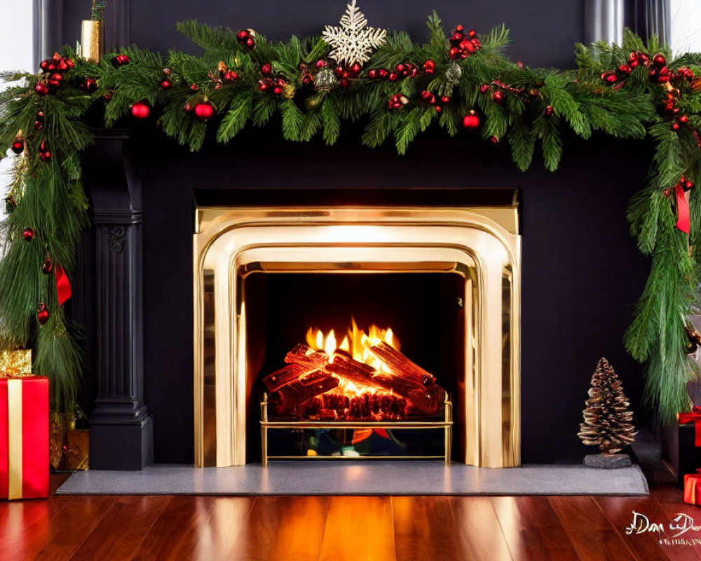 Festive Christmas fireplace with garland, decorations, fire, presents, and tree