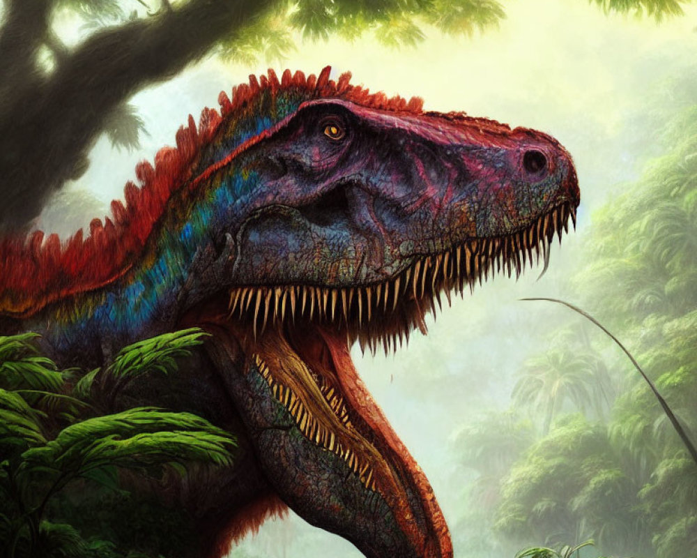 Colorful Dinosaur with Sharp Teeth in Lush Jungle Setting