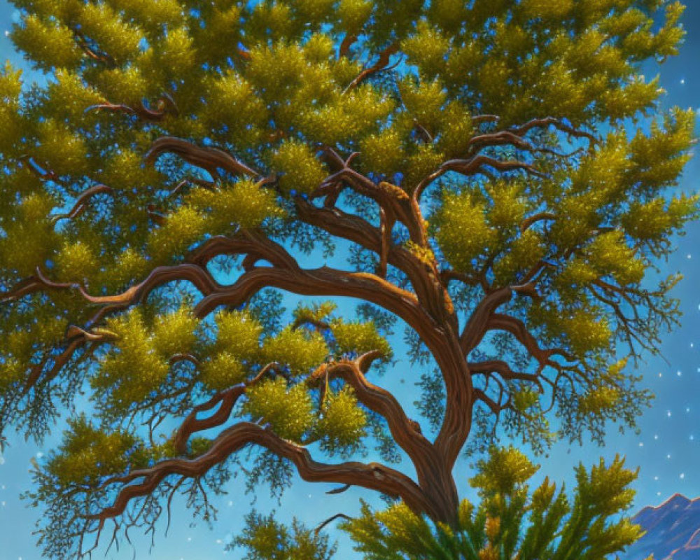 Vibrant starry sky over desert landscape with twisted tree