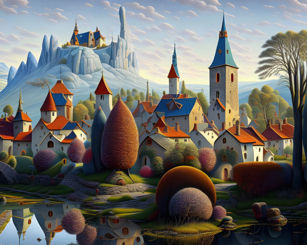 Colorful Fantasy Landscape with Castle and Icy Peaks