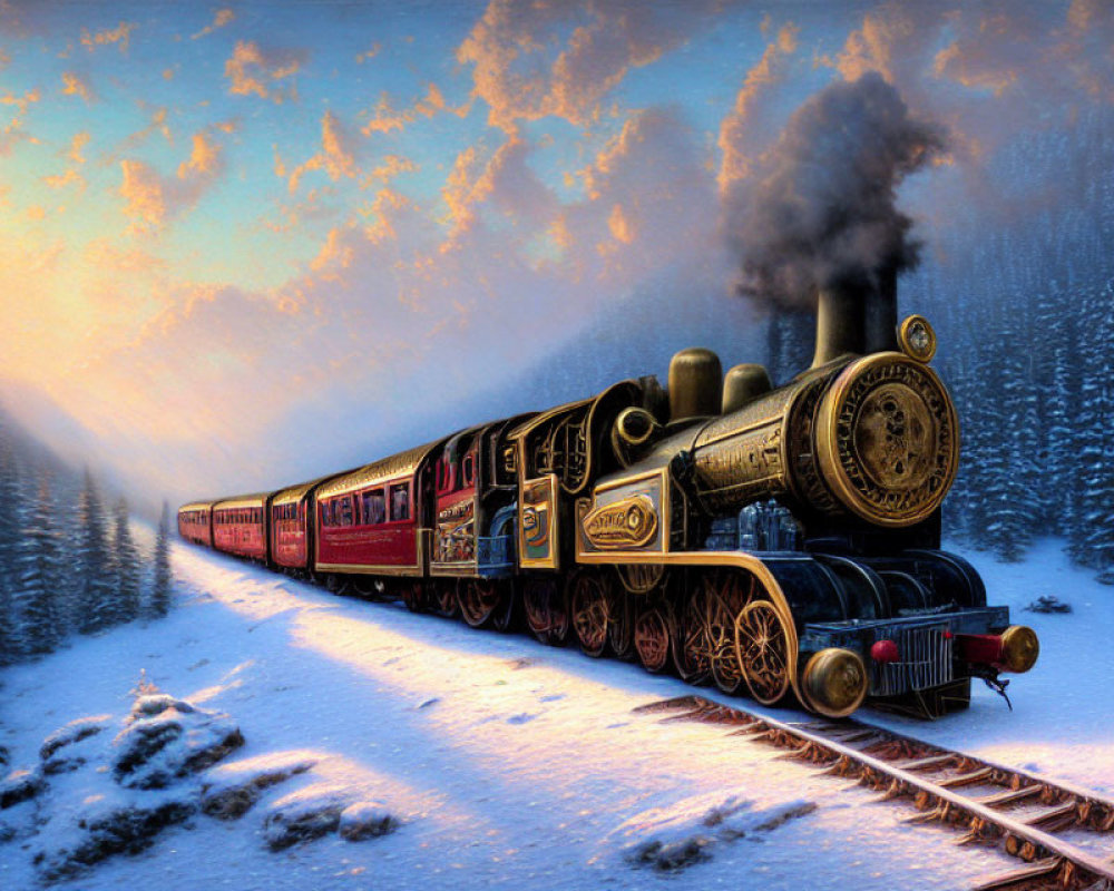 Vintage steam train in snowy forest landscape at dusk