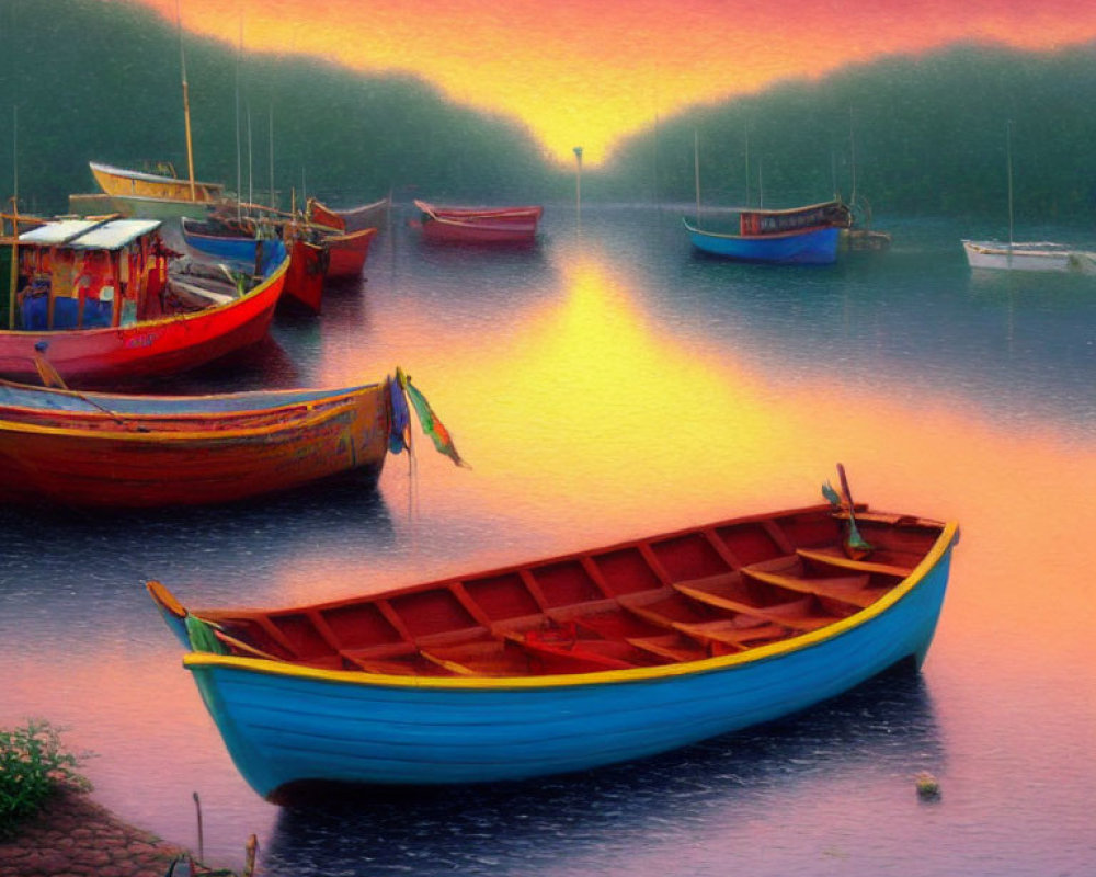 Vibrant sunset reflects on calm lake with colorful boats.