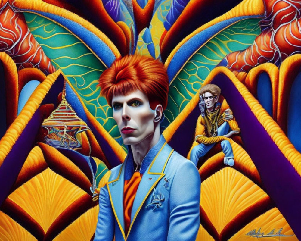 Colorful surreal artwork: red-haired male in blue suit with abstract shapes & seated figure