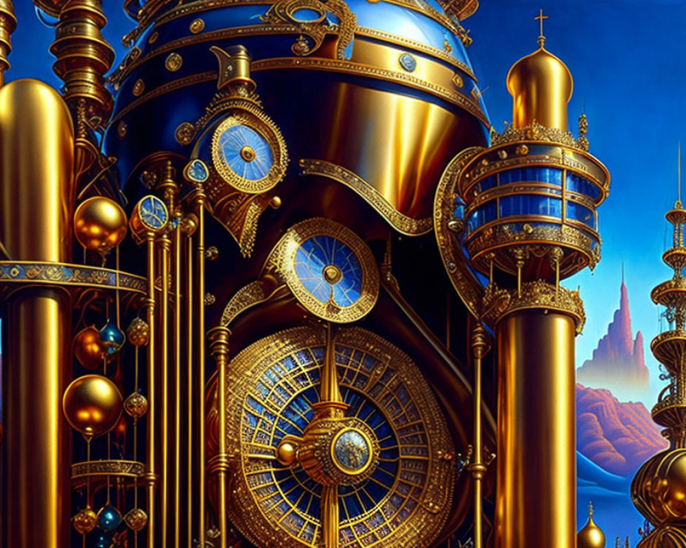 Golden steampunk cityscape with clockwork structures and spires