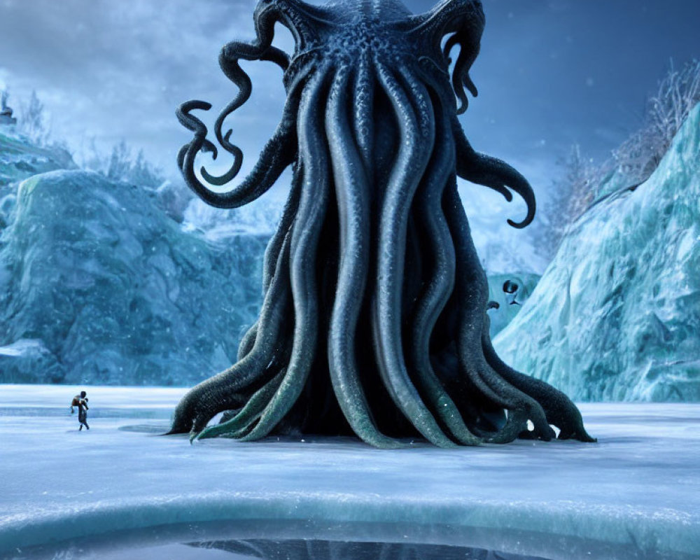 Giant octopus-like creature confronts person in frozen landscape