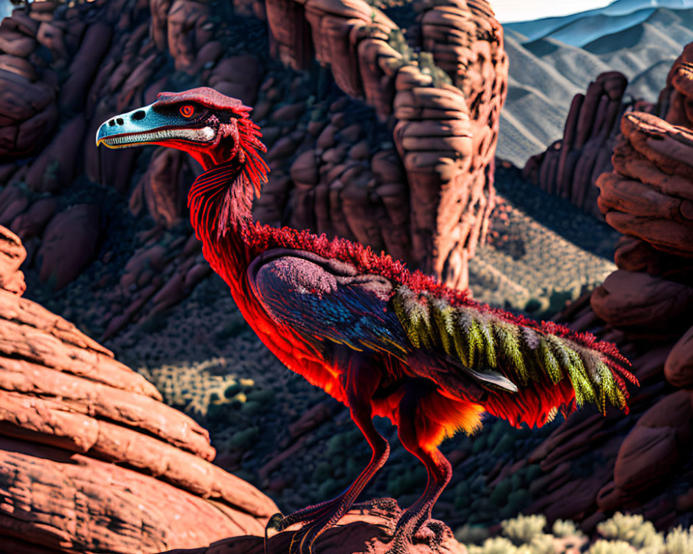 Colorful red-feathered dinosaur in desert landscape