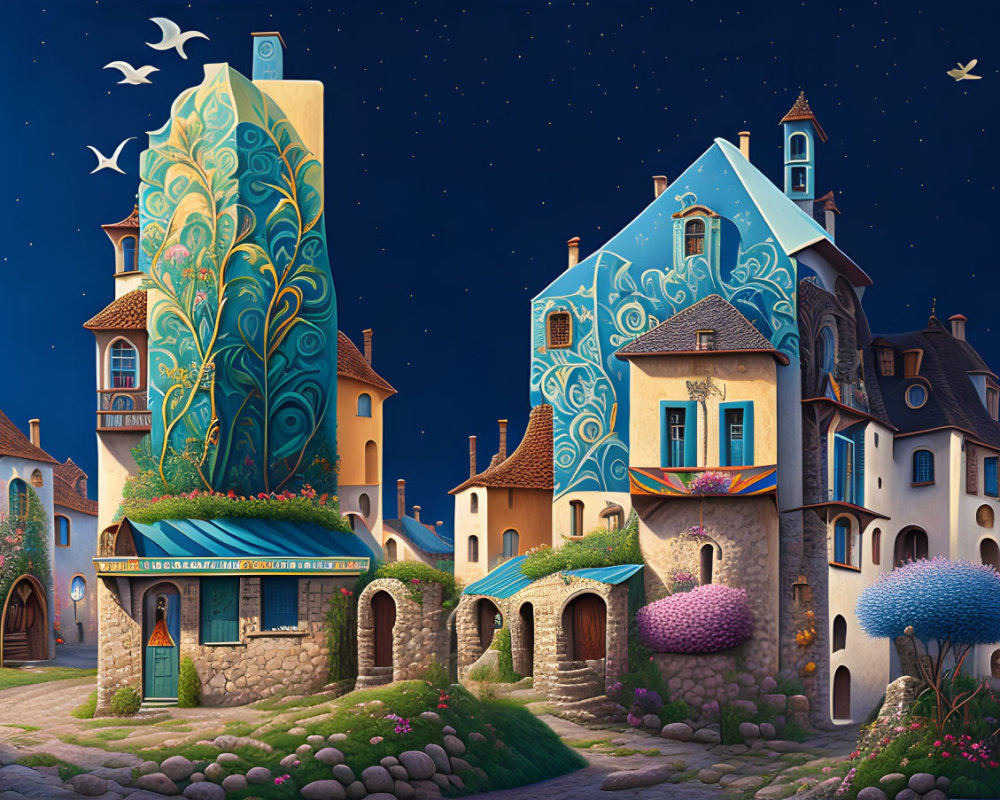 Whimsical nighttime village scene with decorative buildings and starry sky