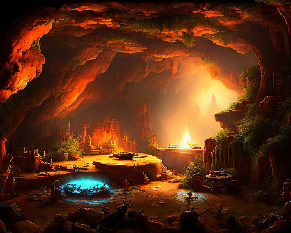 Fantasy Cave with Glowing Lake and Stone Bridges