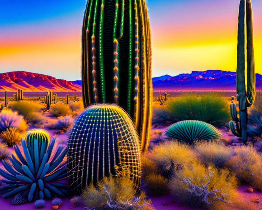 Colorful digital art: Desert at dusk with neon-lit cacti and mountains