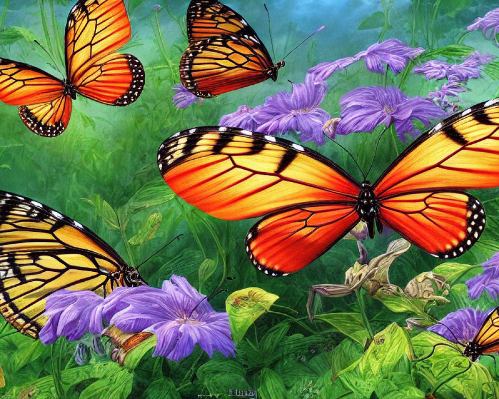 Orange Monarch Butterflies on Purple Flowers with Green Foliage