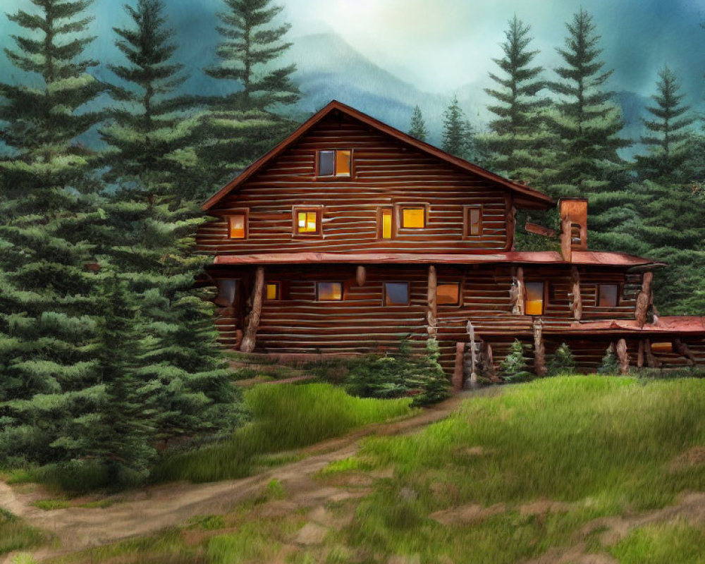 Rustic wooden cabin in forest setting with warm light and hazy sky