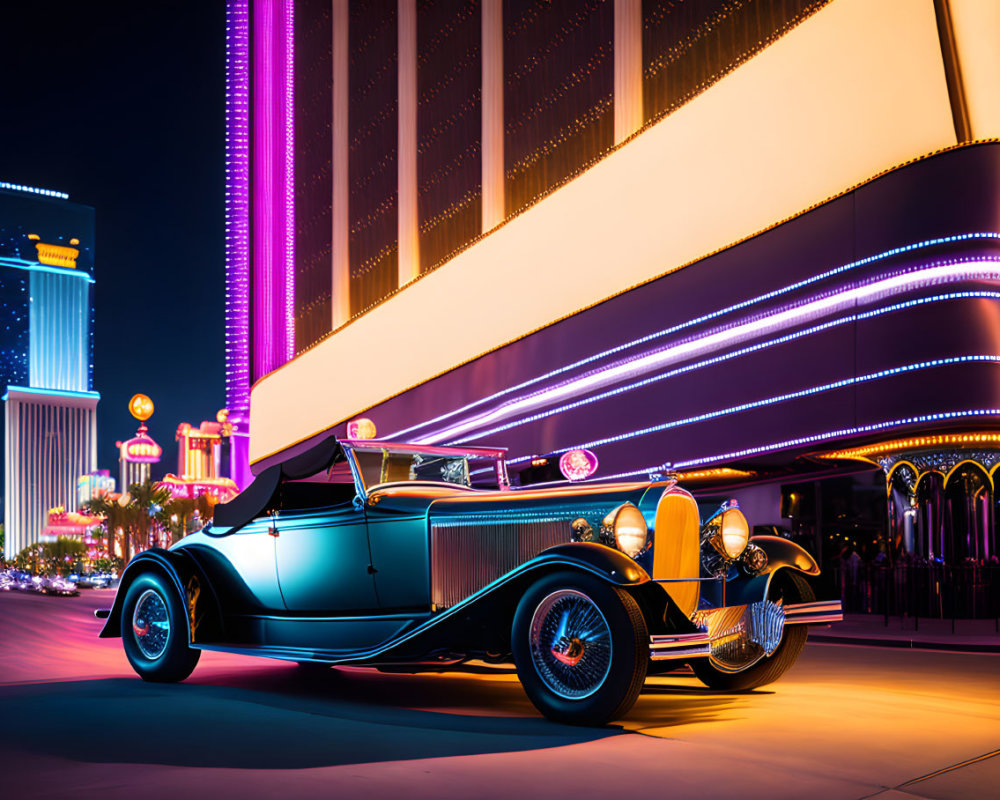 Vintage car parked by neon-lit building at night