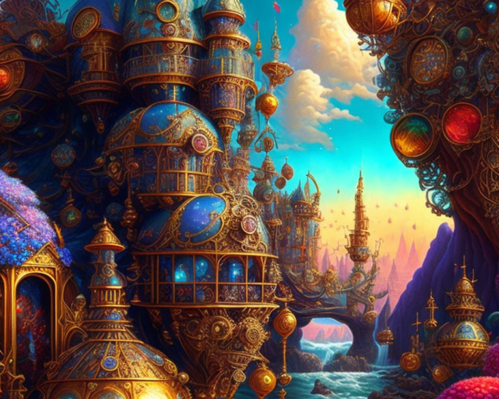 Fantastical Landscape with Floating Golden Palaces and Colorful Sky