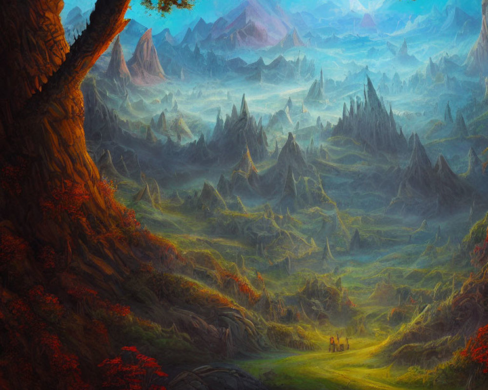 Fantastical landscape with luminous path and jagged peaks at dawn or dusk