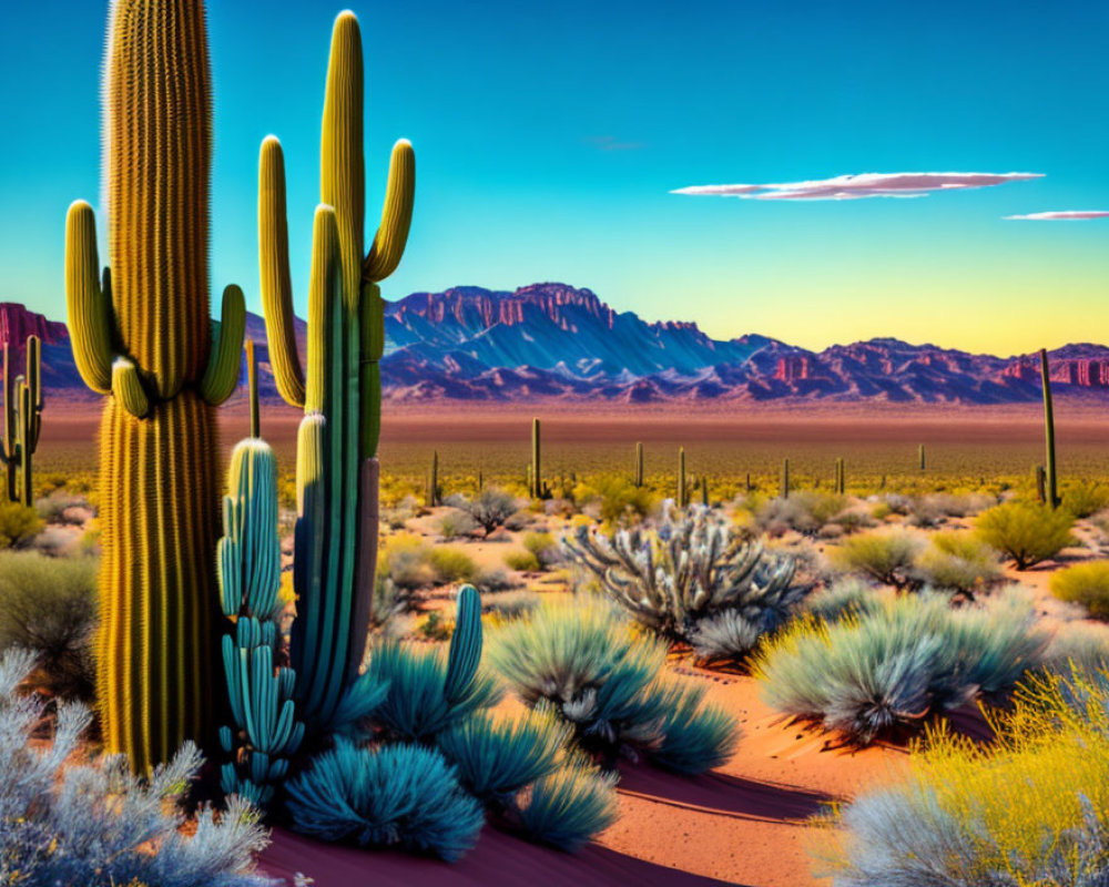 Desert landscape with saguaro cacti, shrubs, and mountains under blue sky