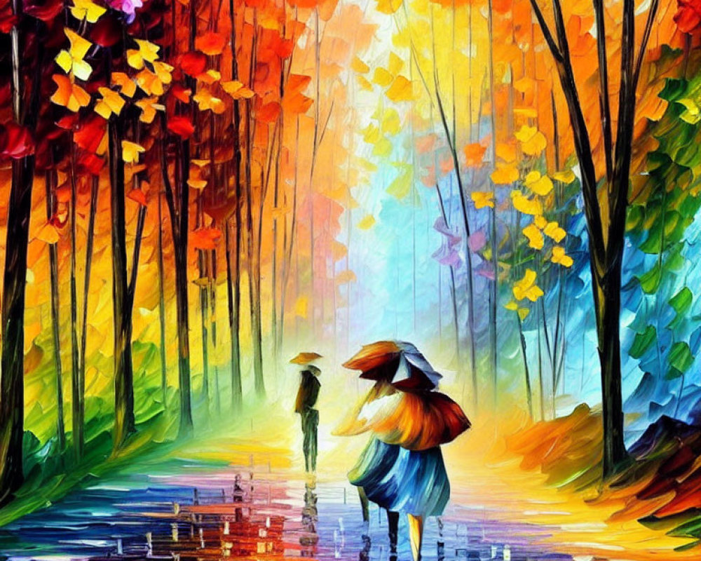 Colorful Painting: Two People with Umbrellas in Rainy Forest