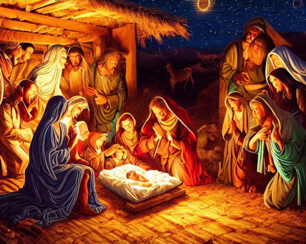 Illustration of Nativity scene with newborn Jesus, Mary, Joseph, visitors under starlit sky