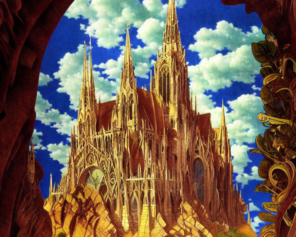 Majestic gothic cathedral illustration with towering spires and lush foliage frame.