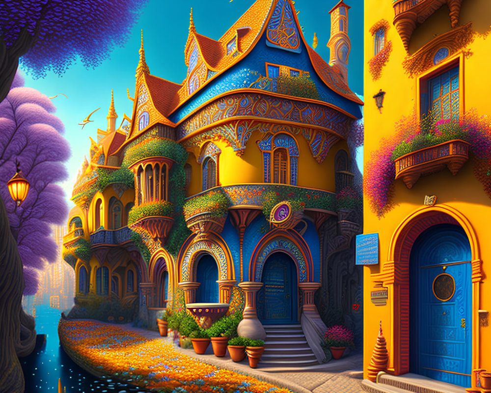 Colorful Illustration of Enchanting Houses in Twilight