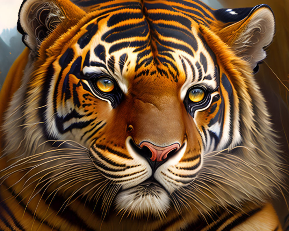 Detailed Tiger Face Digital Art Illustration with Intense Eyes and Fur