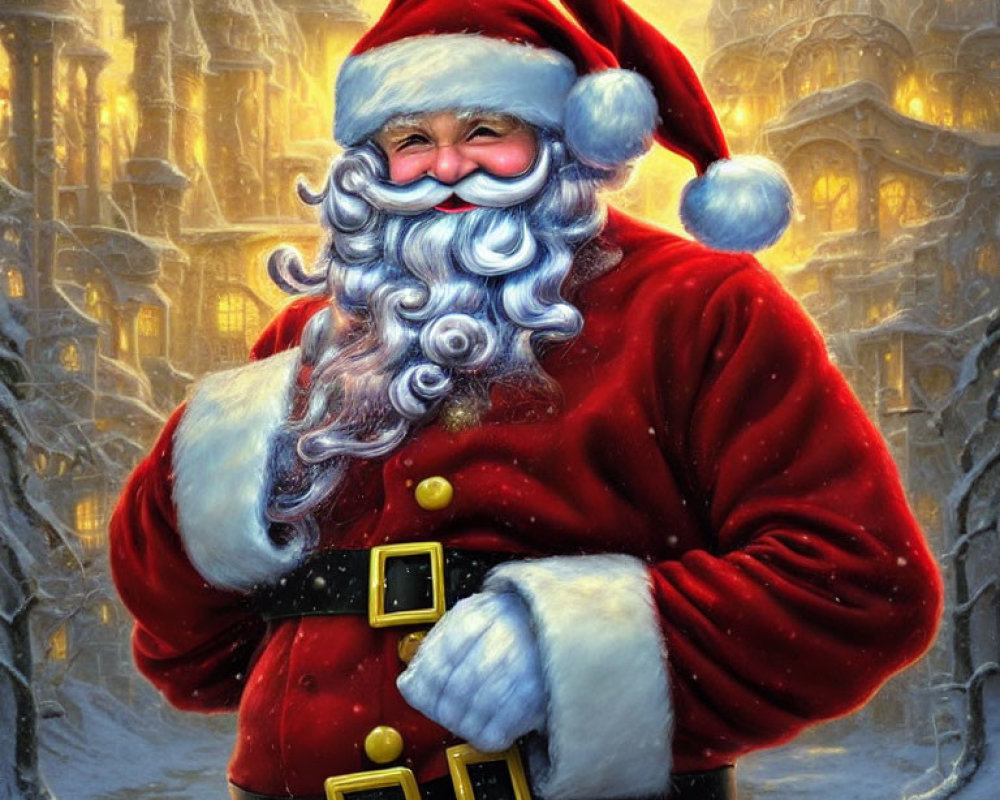 Cheerful Santa Claus in red suit on snowy castle backdrop