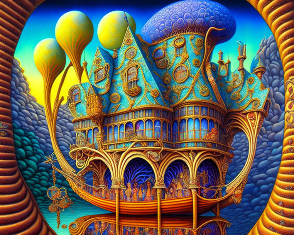 Illustration of whimsical building with mushroom-like structures and golden balconies