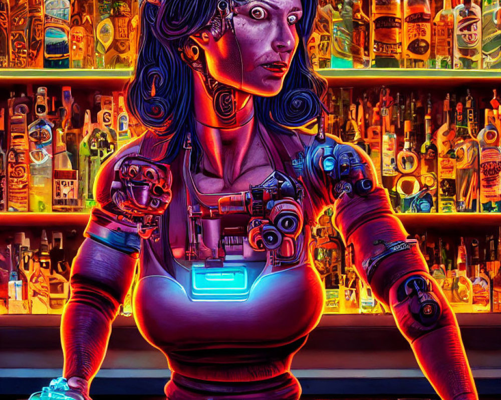 Female robotic bartender with cybernetic enhancements and colorful backdrop