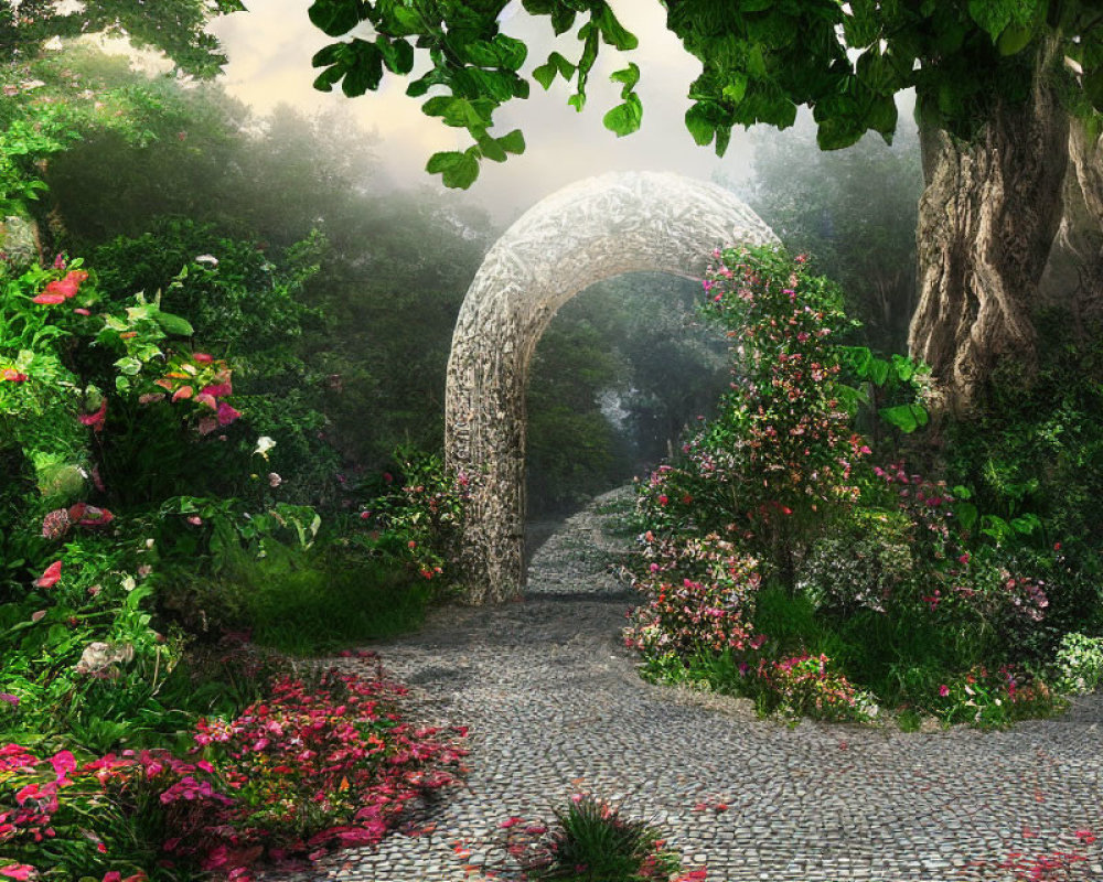 Tranquil cobblestone path under ivy archway with lush greenery and vibrant flowers