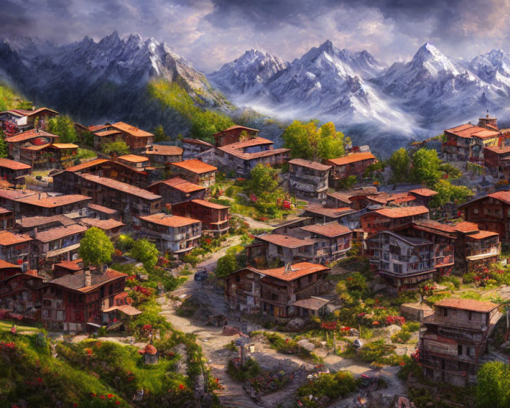 Scenic mountain village with rustic houses and snow-capped peaks