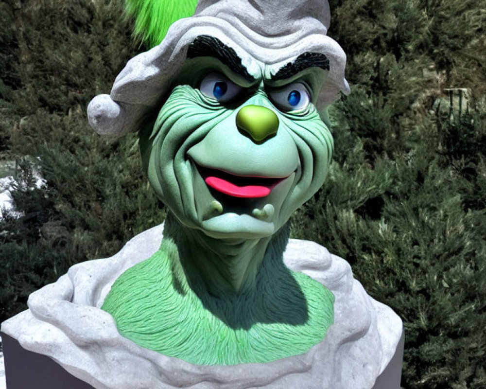 Colorful Grinch statue with smug expression and green fur