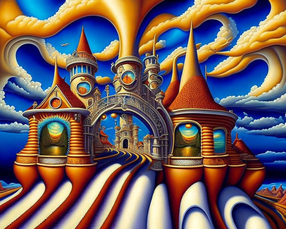 Surreal fantasy castle artwork with swirling clouds and wavy patterns