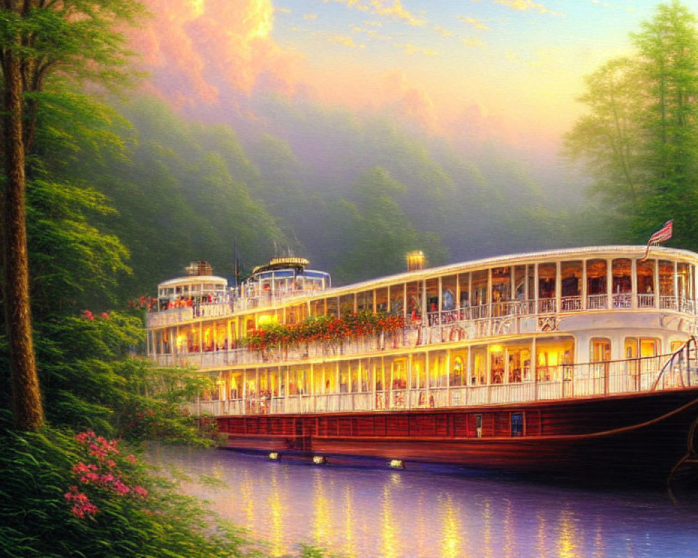 Vintage paddle steamers at lush riverbank under sunset glow