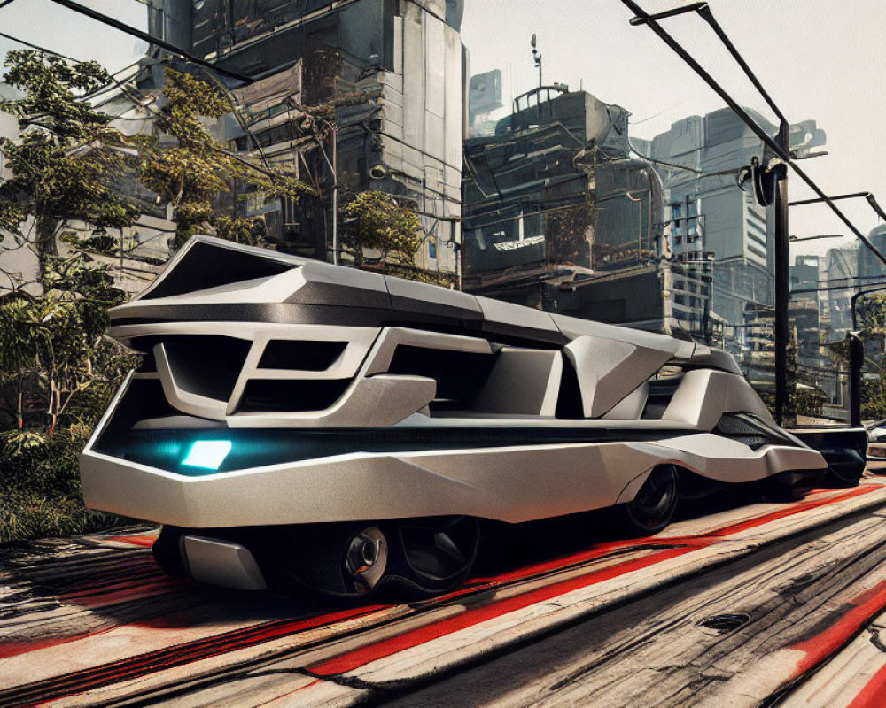 Sleek angular armored vehicle in futuristic cityscape