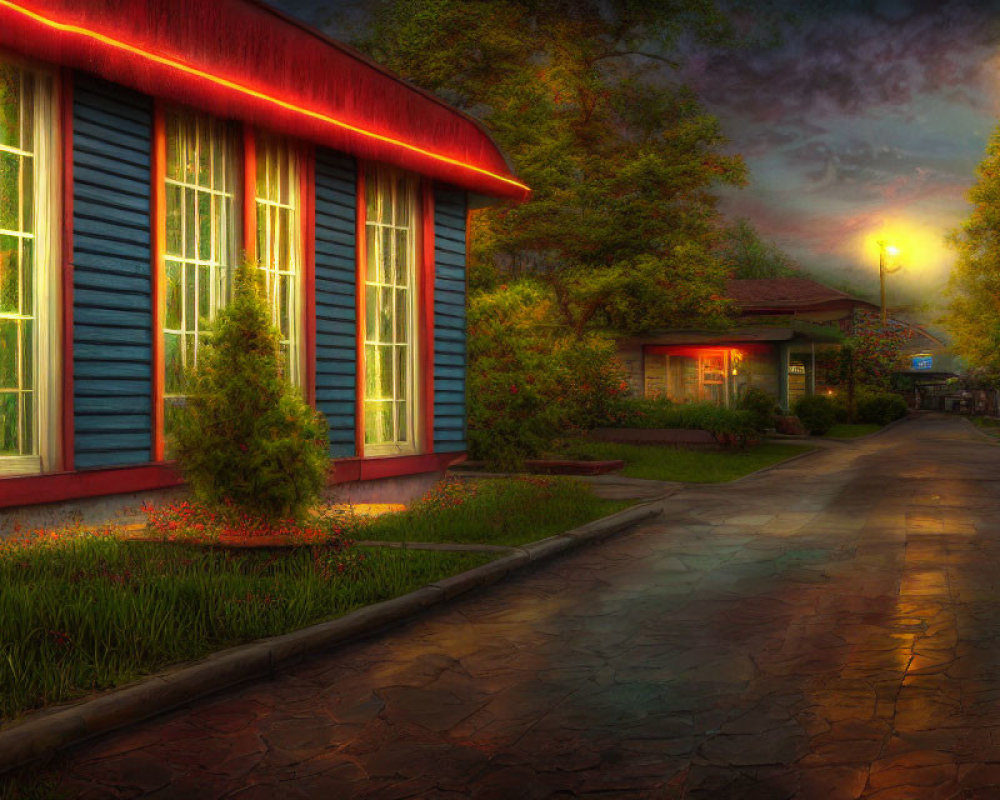 Vibrant blue building and red roof in twilight scene