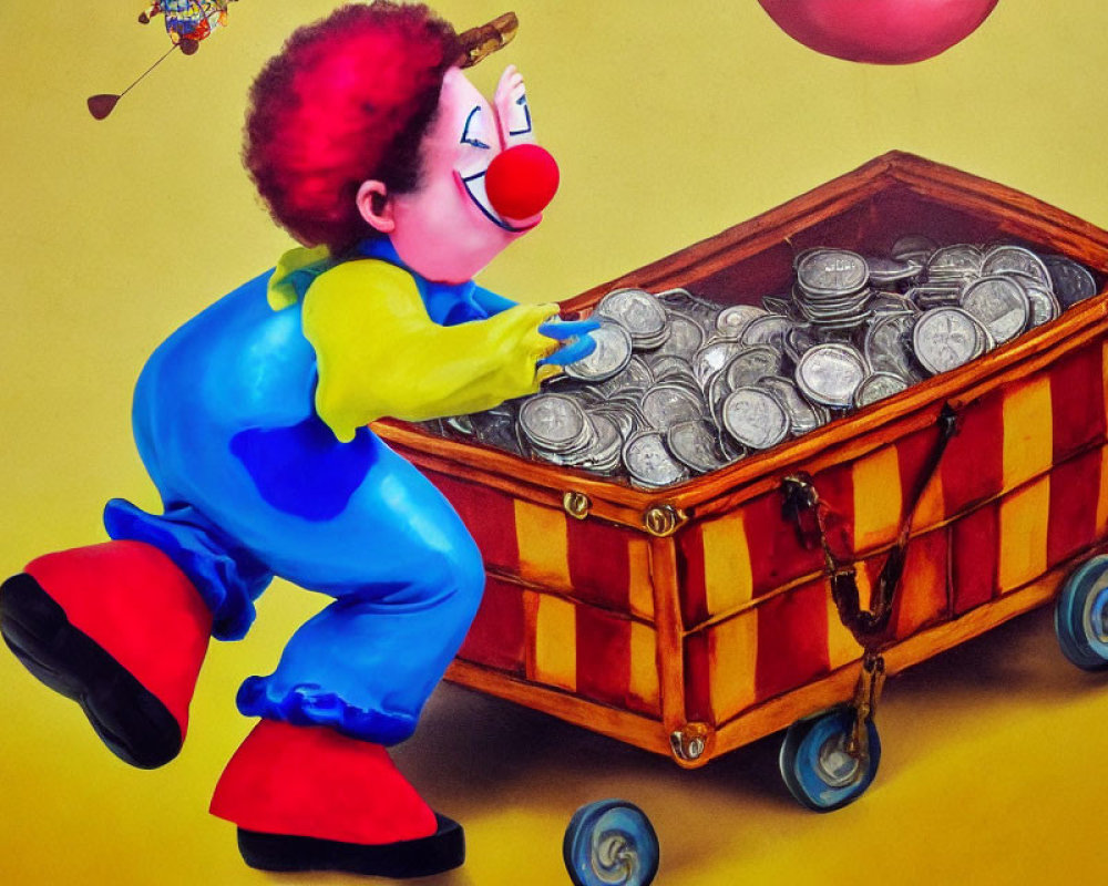 Colorful Clown Drawing with Red Nose and Oversized Shoes Pushing Cart of Silver Coins on Yellow Background