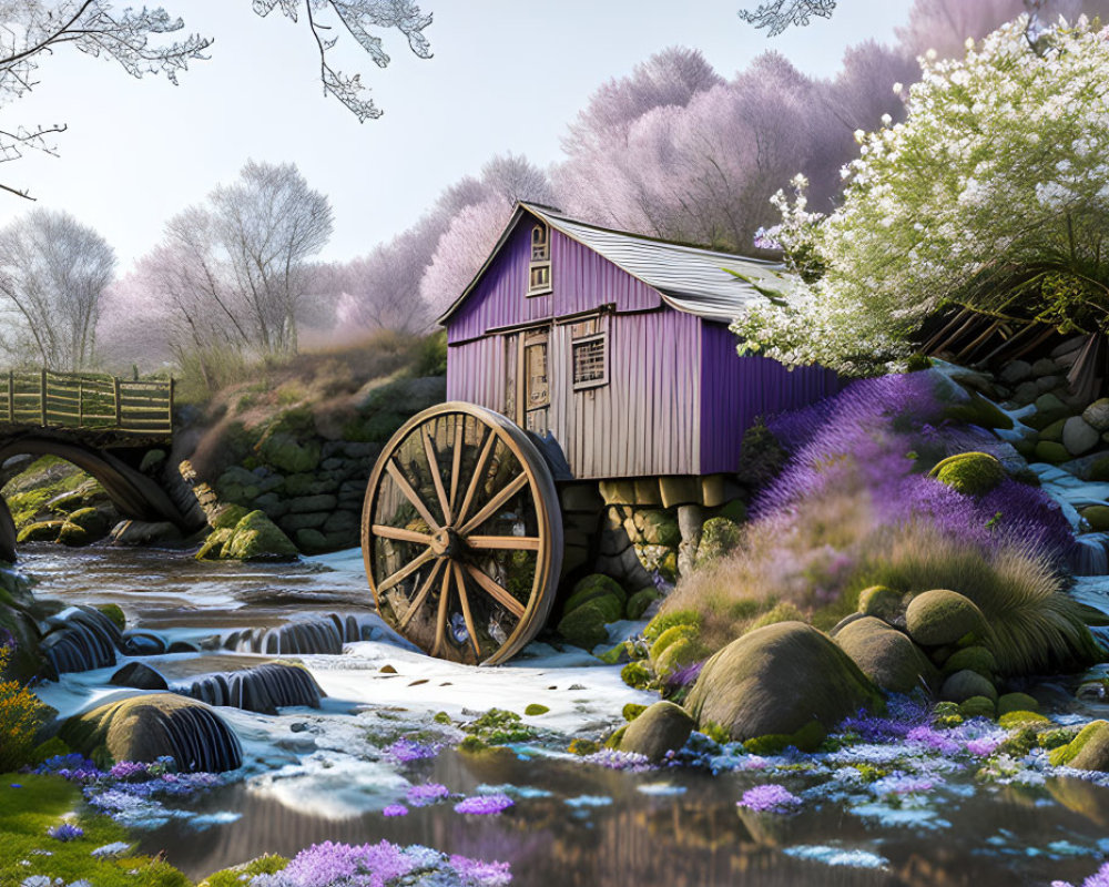 Scenic watermill by stream with flowers and bridge